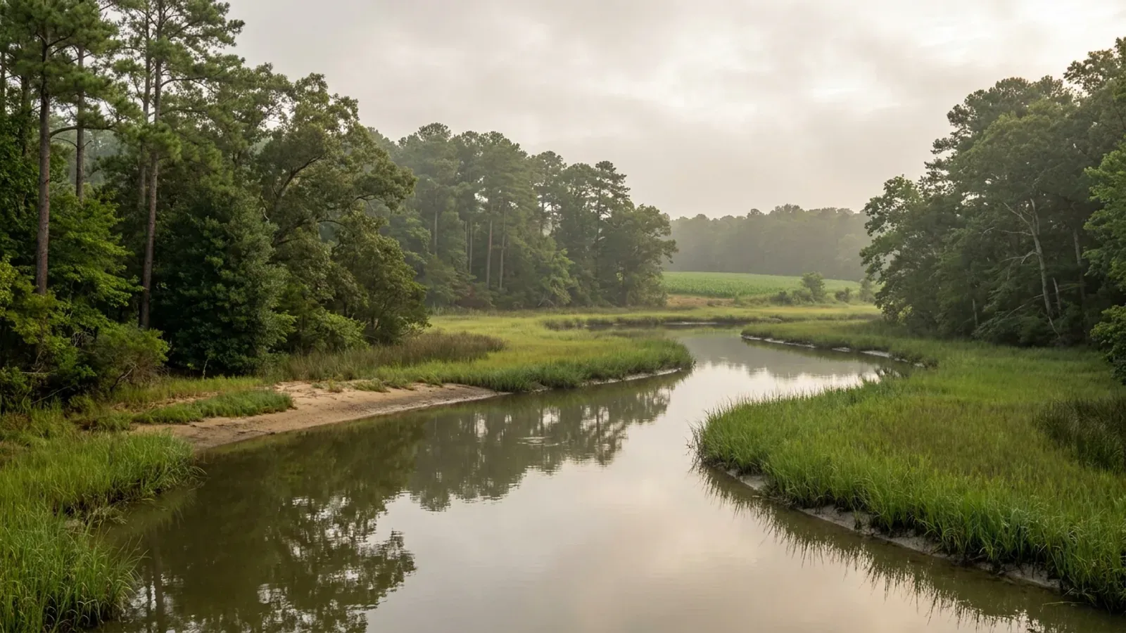 A tidal creek fringed with marsh grass and loblolly pine and oak woods on the western shore of the Chesapeake Bay.