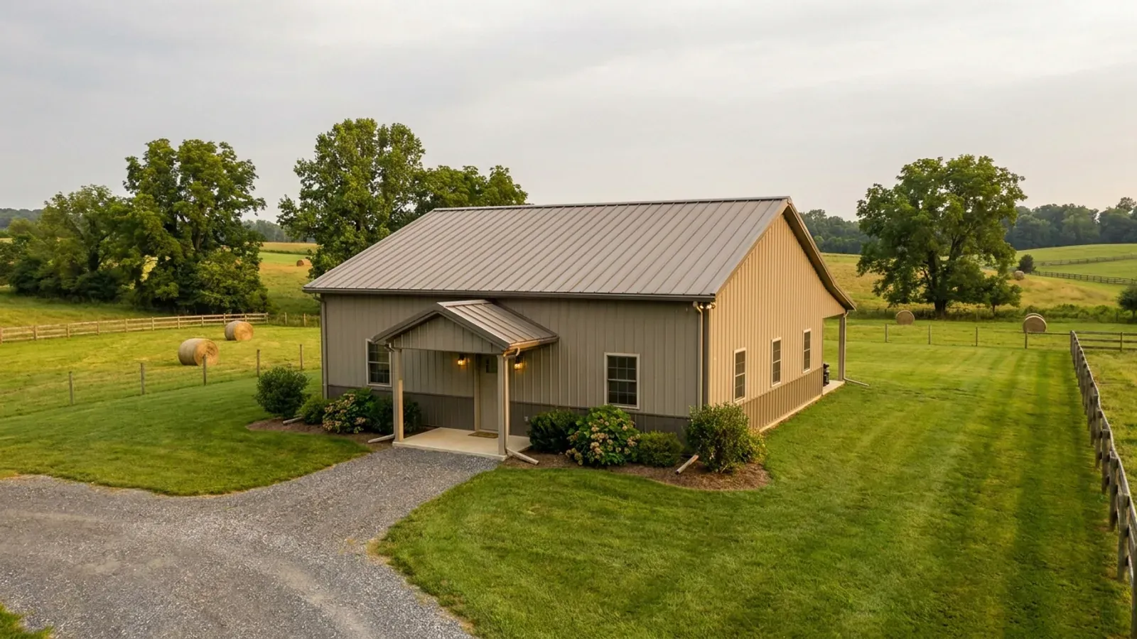 A compact 30x40 barndominium sized like a starter home or cabin, with a covered entry porch and no large shop bay.