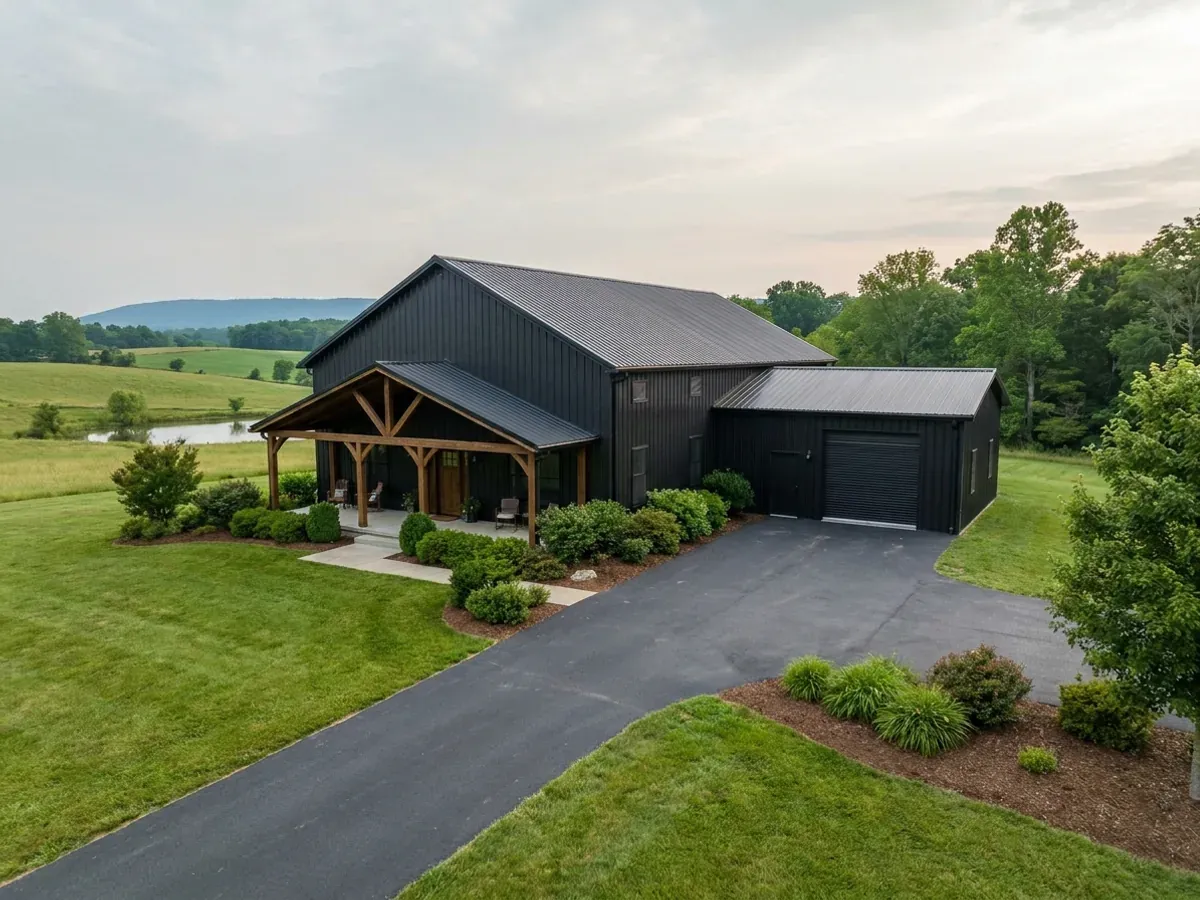 A completed barndominium home viewed from the front corner, with finished landscaping, a covered entry porch and an attached shop bay.