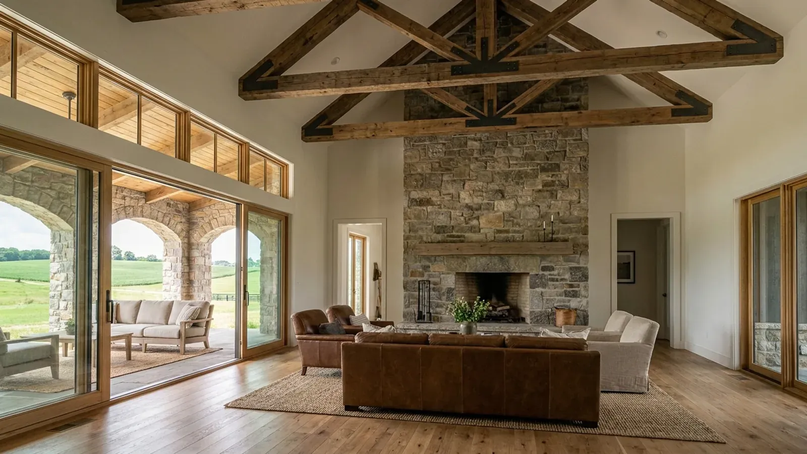 A vaulted barndominium great room with exposed wood trusses, a wall of glazed sliding doors, and a stone-clad fireplace.