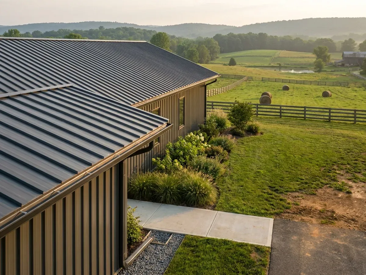 Exterior detail of a metal-clad home showing standing seam roofing, vertical wall panels, and a downspout discharging away from the wall.