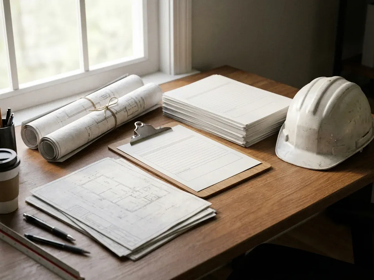 A building permit submittal package on a desk with rolled construction drawings, forms on a clipboard, and a hard hat.