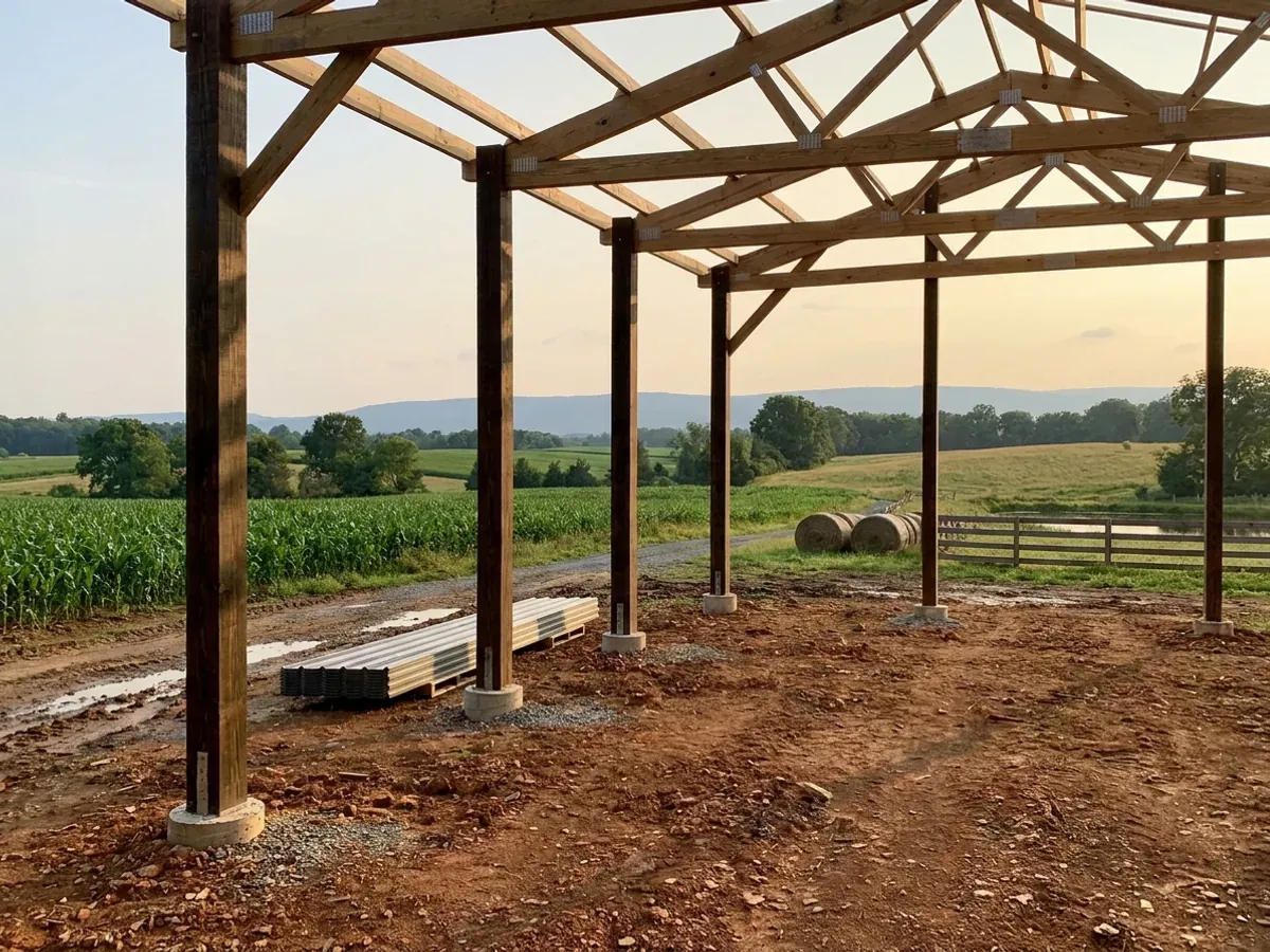 A pole barn home under construction, showing laminated timber posts on concrete footings and wide-span roof trusses with no interior bearing walls.