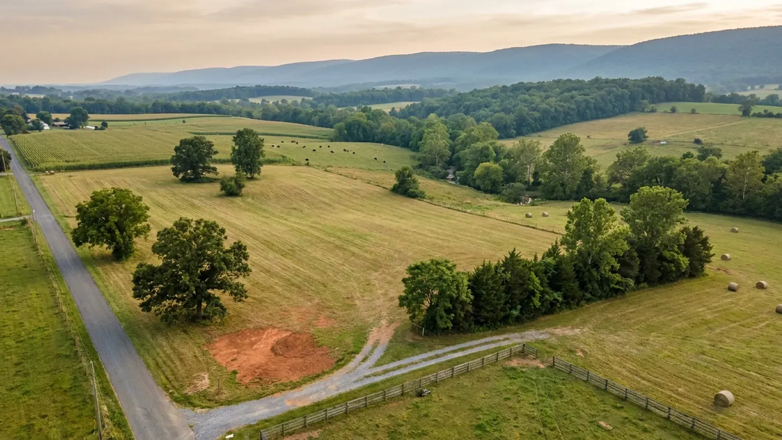 Aerial view of an undeveloped rural lot in rolling farmland, with a gravel access track, scattered oaks and a hedgerow along one boundary.