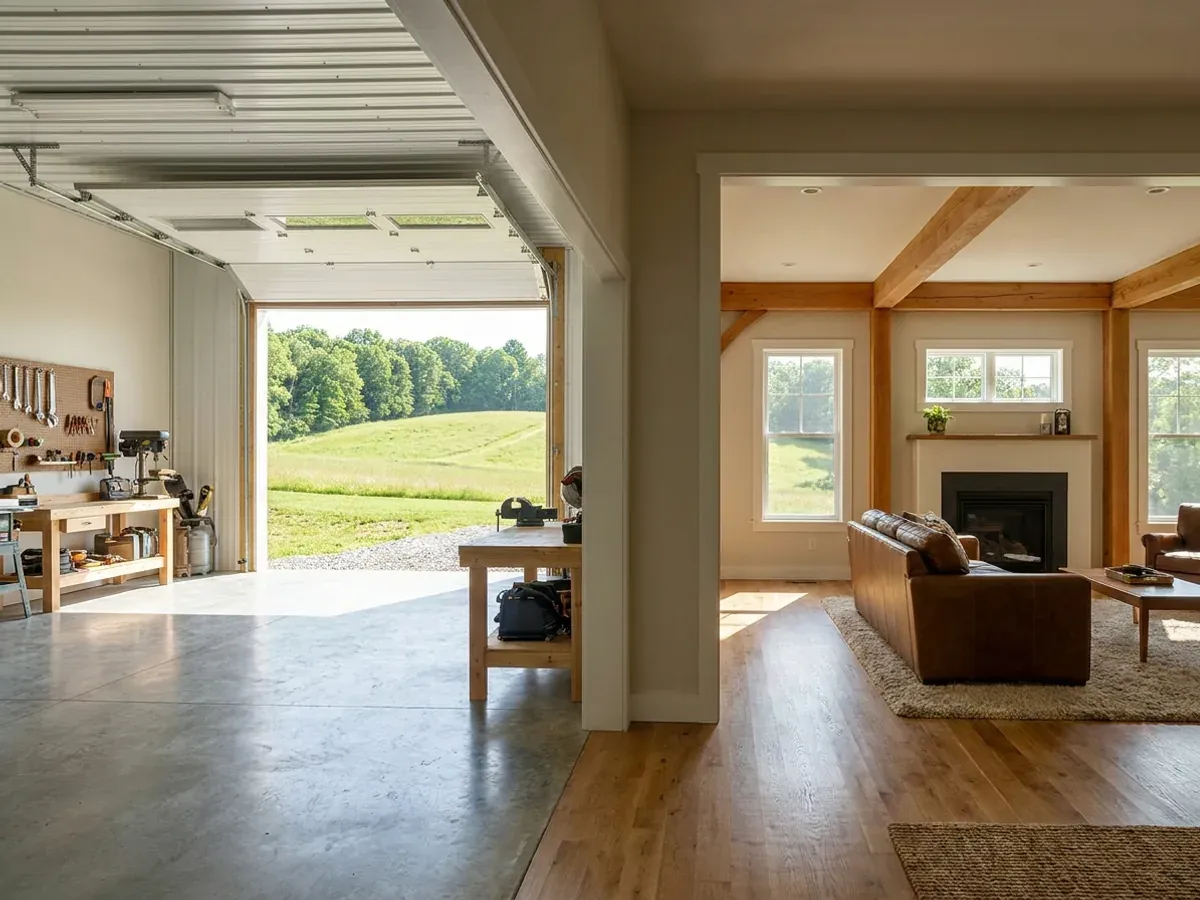 The interior of a shouse where a finished living area with warm flooring meets a shop bay with polished concrete and a tall roll-up door.