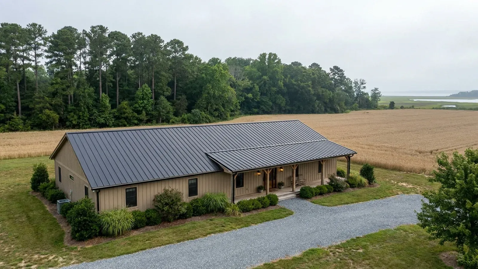 A completed single-story barndominium with a long, low roofline and no upper-level windows, on flat open land.