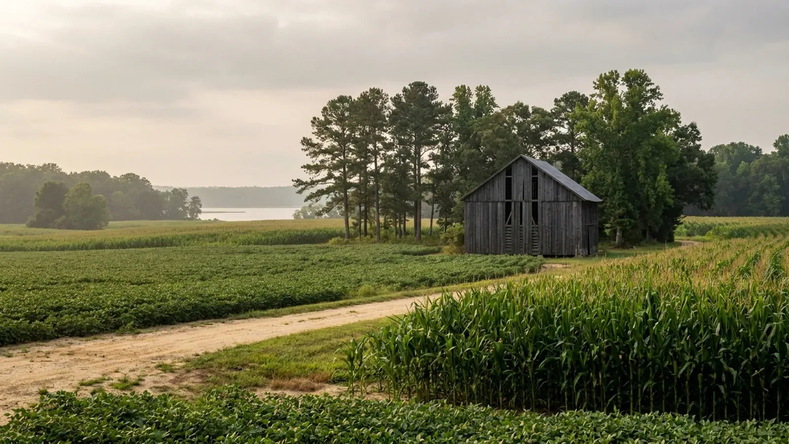 Southern Maryland farm fields edged by loblolly pine woods, with an old weathered tobacco barn in the middle distance.