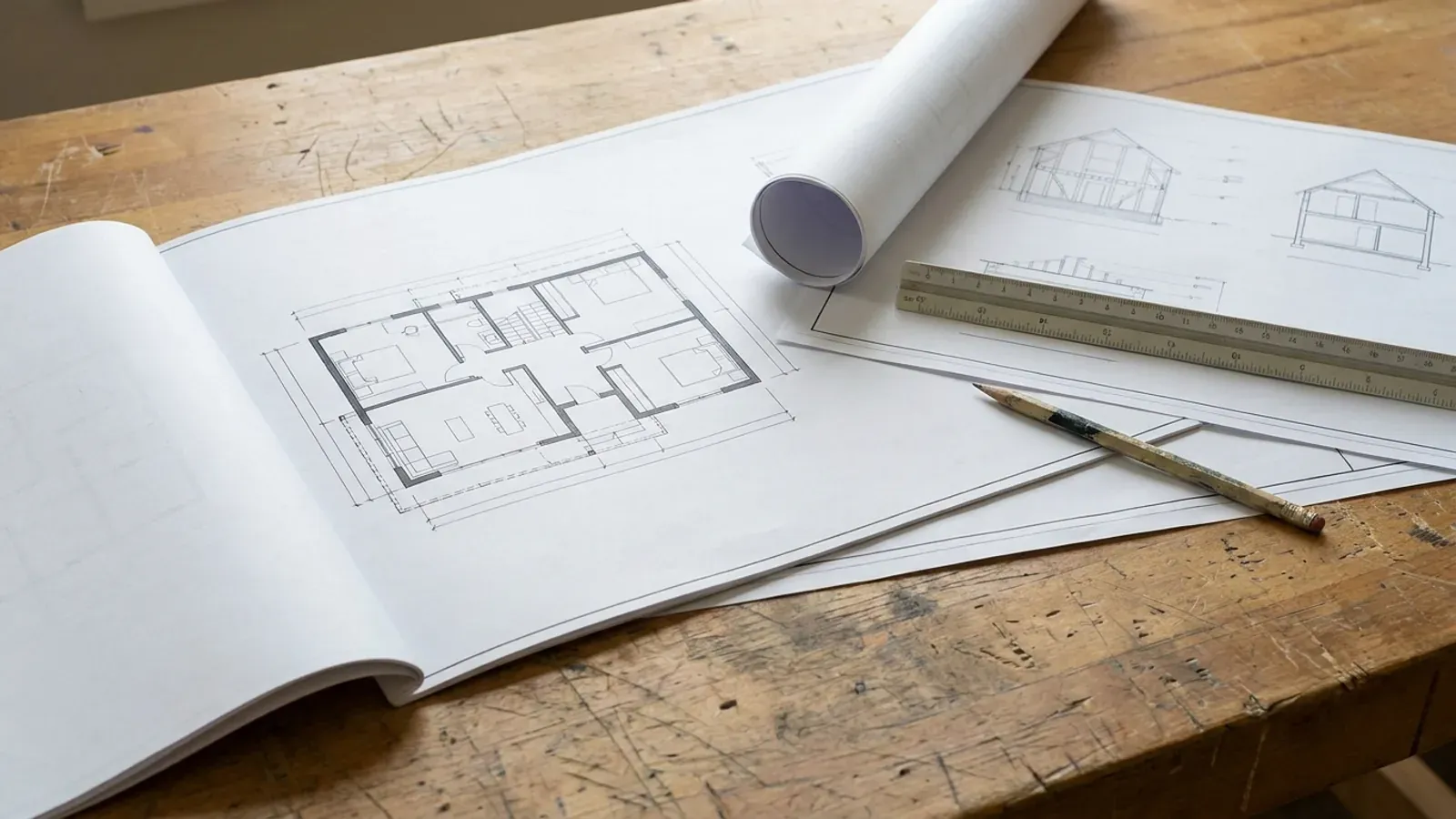 Overhead view of architectural floor plan and structural elevation drawings spread on a workbench with a scale ruler and pencil.