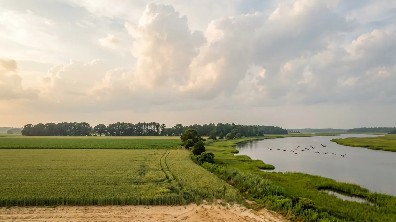 Broad flat Eastern Shore grain fields meeting a wide tidal river with a marsh fringe under a big sky.