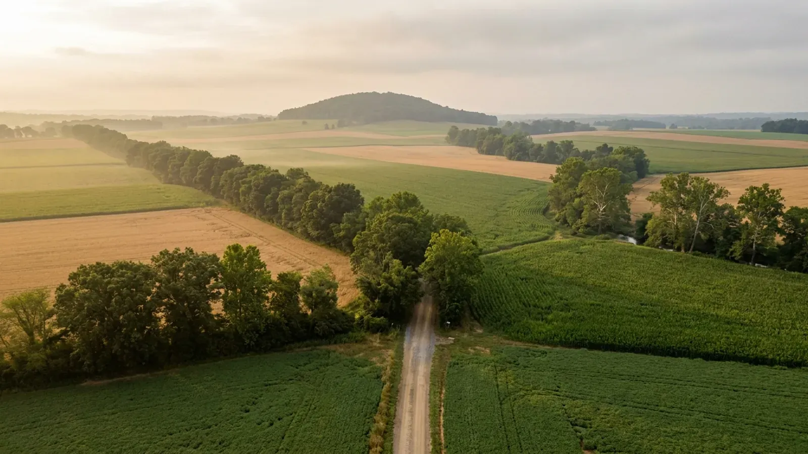 Wide open farm fields and hedgerows in upper Montgomery County, with a lone wooded hill rising in the distance.